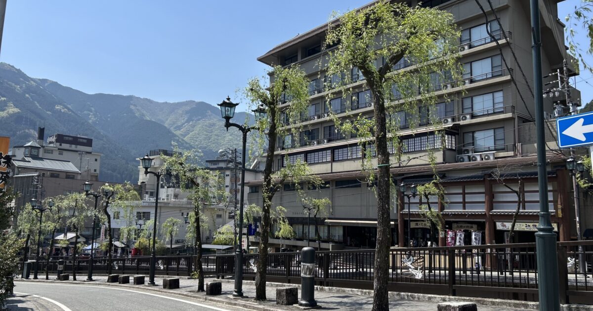 山々を背景にした下呂温泉街の通りと宿泊施設