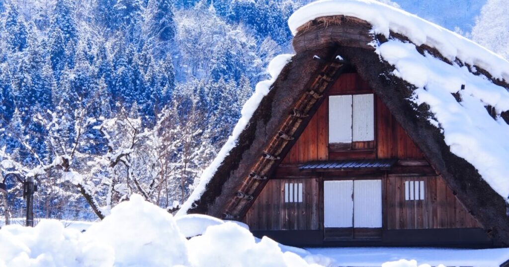 雪景色に包まれた白川郷の合掌造りと冬の山林