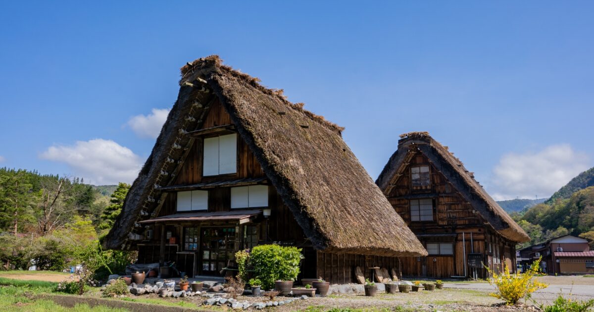 春の青空に映える白川郷の合掌造り住宅