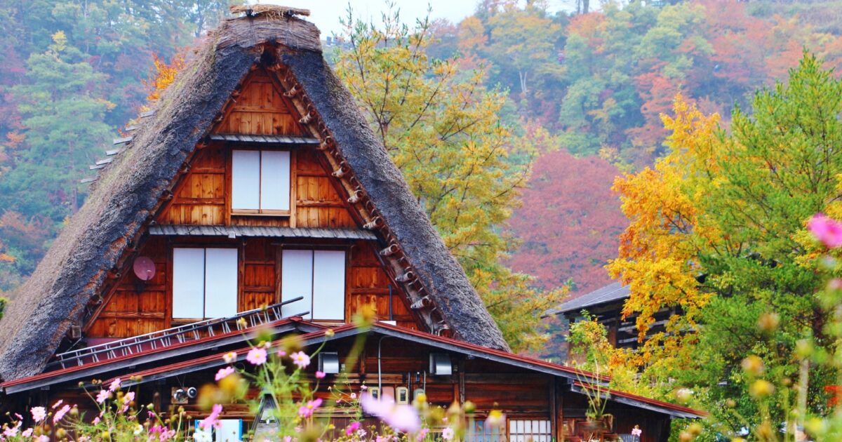 秋の紅葉と花畑に囲まれた白川郷の合掌造り家屋
